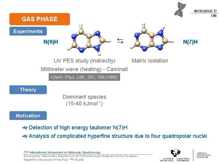 INTRODUCTI ON GAS PHASE Experiments N(9)H N(7)H UV PES study (indirectly) Matrix isolation Millimeter