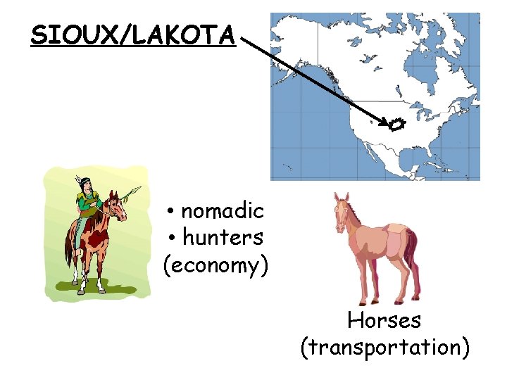 SIOUX/LAKOTA • nomadic • hunters (economy) Horses (transportation) 