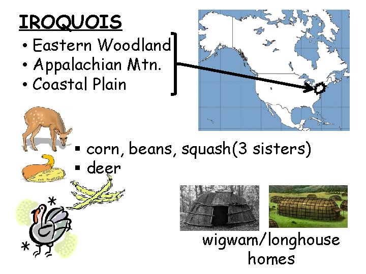 IROQUOIS • Eastern Woodland • Appalachian Mtn. • Coastal Plain § corn, beans, squash(3