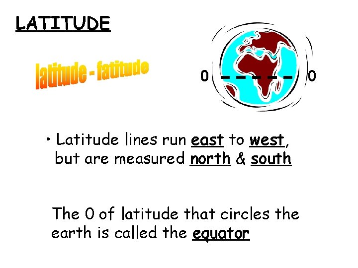 LATITUDE 0 • Latitude lines run east to west, but are measured north &