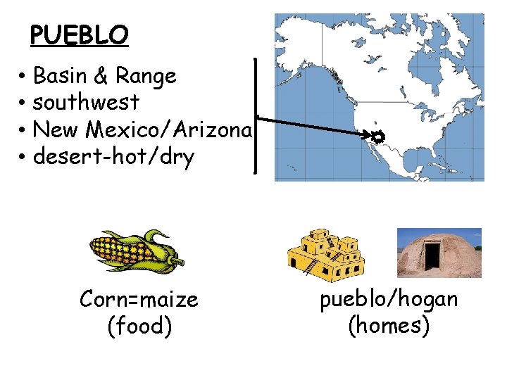 PUEBLO • Basin & Range • southwest • New Mexico/Arizona • desert-hot/dry Corn=maize (food)
