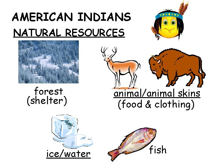 AMERICAN INDIANS NATURAL RESOURCES forest (shelter) ice/water animal/animal skins (food & clothing) fish 