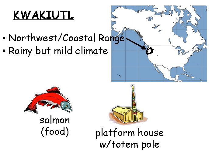 KWAKIUTL • Northwest/Coastal Range • Rainy but mild climate salmon (food) platform house w/totem