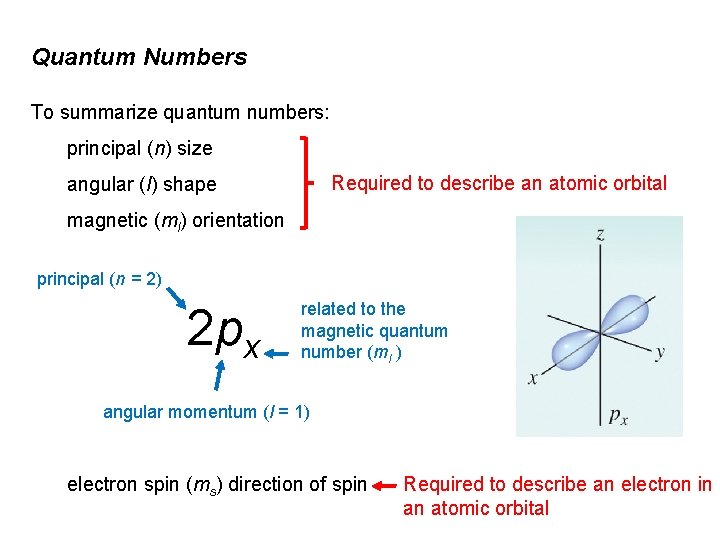 Quantum Numbers To summarize quantum numbers: principal (n) size Required to describe an atomic