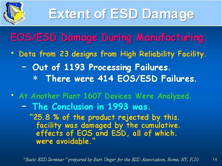 Extent of ESD Damage in Manufacturing EOS/ESD Damage During Manufacturing. • Data from 23
