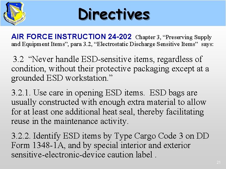 Directives Supply & AFI 24 -202 AIR FORCE INSTRUCTION 24 -202 Chapter 3, “Preserving