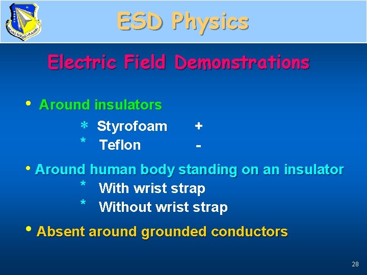 ESD Physics Electric Field Demonstrations • Around insulators * Styrofoam * Teflon + -