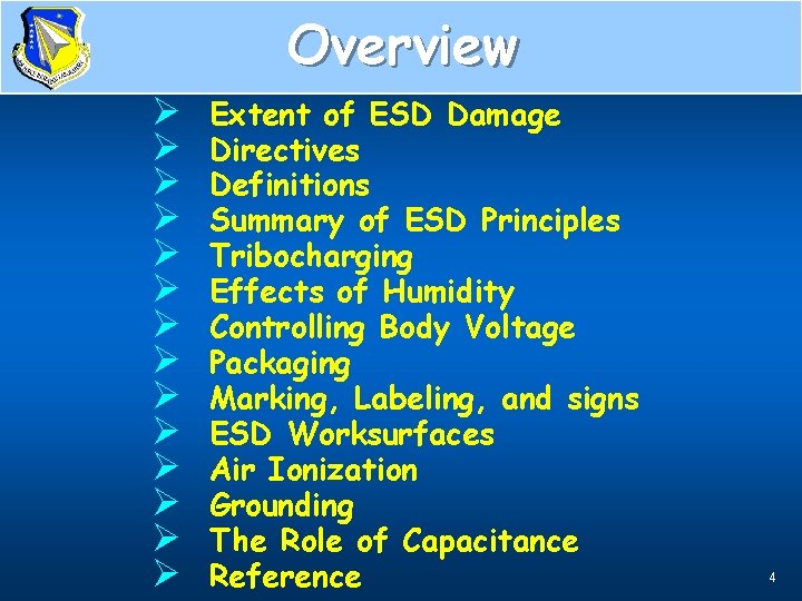 Overview Ø Ø Ø Ø Extent of ESD Damage Directives Definitions Summary of ESD