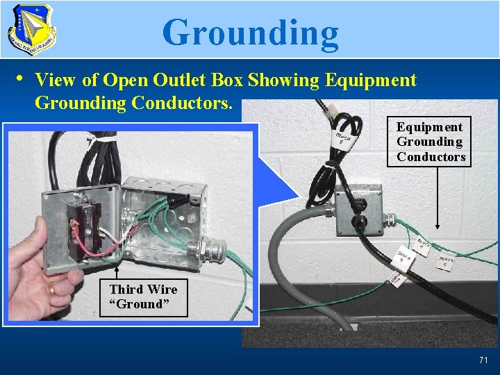 Grounding, 1 st of 5 • View of Open Outlet Box Showing Equipment Grounding