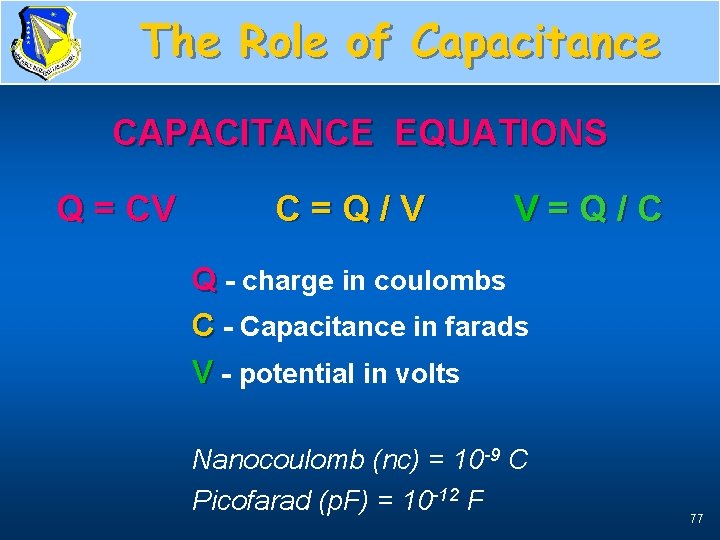 The Role of Capacitance Equations CAPACITANCE EQUATIONS Q = CV C=Q/V V=Q/C Q -