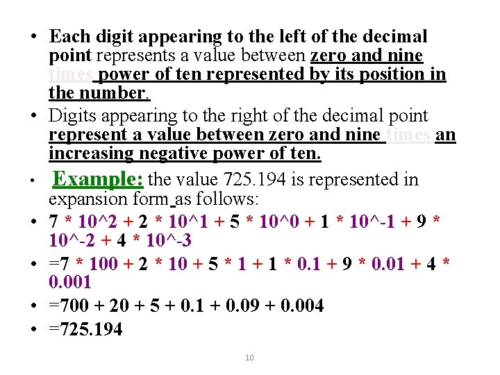  • Each digit appearing to the left of the decimal point represents a