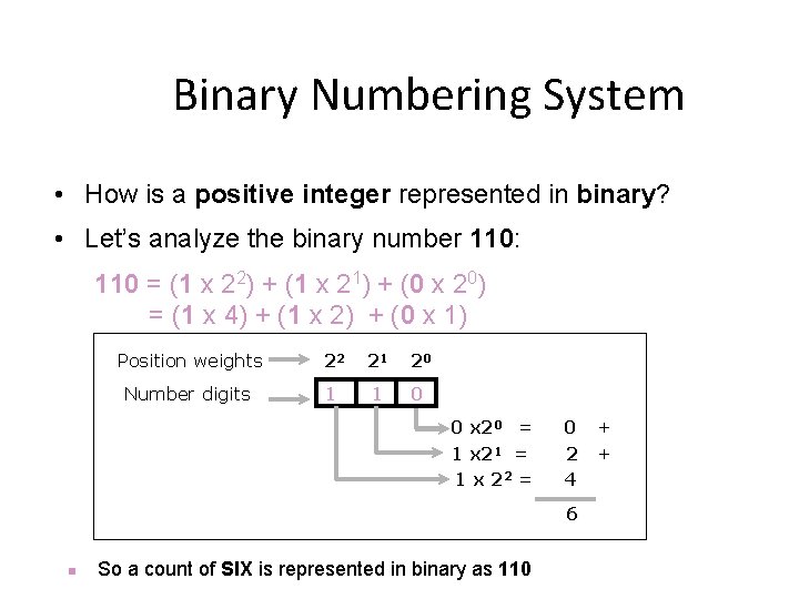 Binary Numbering System • How is a positive integer represented in binary? • Let’s