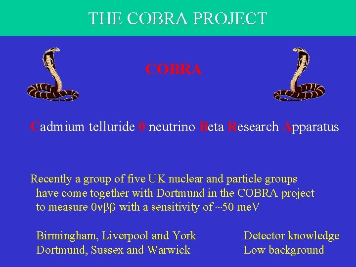 THE COBRA PROJECT COBRA Cadmium telluride 0 neutrino Beta Research Apparatus Recently a group