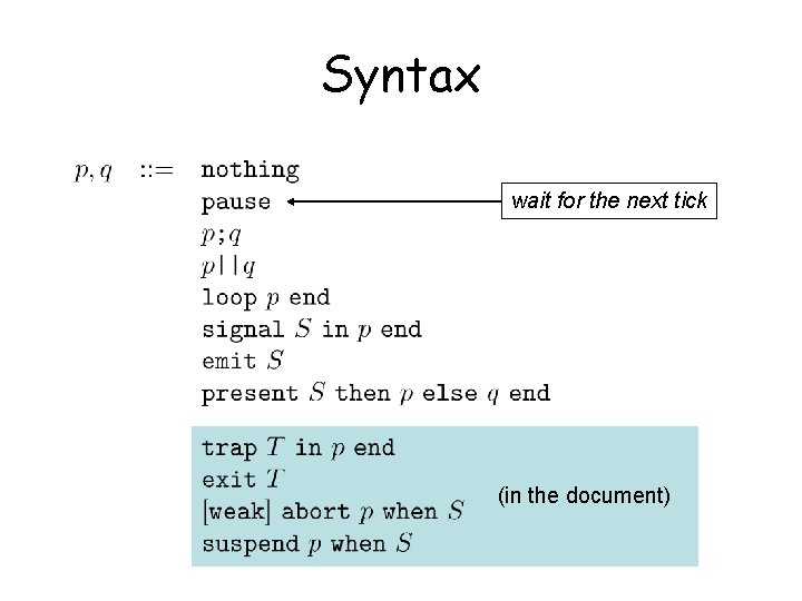 Syntax wait for the next tick (in the document) 