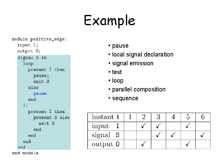Example • pause • local signal declaration • signal emission • test • loop