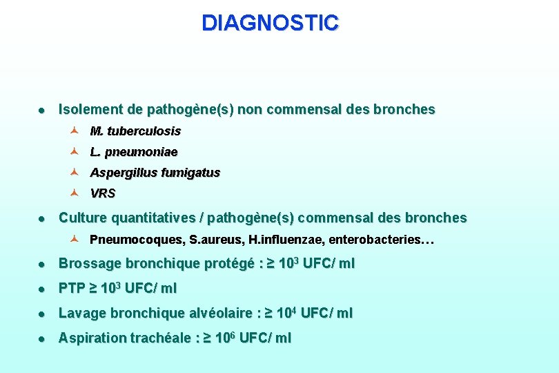 DIAGNOSTIC l Isolement de pathogène(s) non commensal des bronches © M. tuberculosis © L.