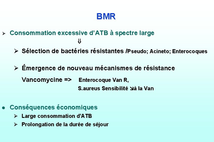BMR Ø Consommation excessive d’ATB à spectre large Ø Sélection de bactéries résistantes /Pseudo;
