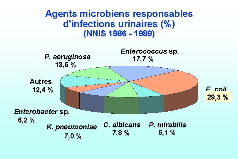 Agents microbiens responsables d'infections urinaires (%) (NNIS 1986 - 1989) P. aeruginosa 13, 5