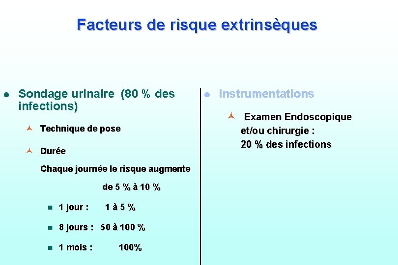 Facteurs de risque extrinsèques l Sondage urinaire (80 % des infections) © Technique de