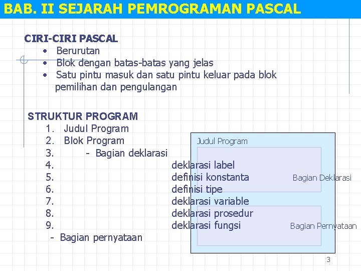 BAB. II SEJARAH PEMROGRAMAN PASCAL CIRI-CIRI PASCAL • Berurutan • Blok dengan batas-batas yang