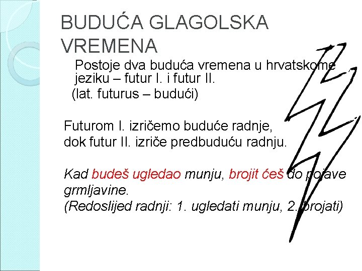 BUDUĆA GLAGOLSKA VREMENA Postoje dva buduća vremena u hrvatskome jeziku – futur I. i
