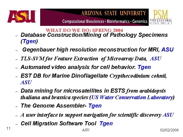 WHAT DO WE DO: SPRING 2004 – Database Construction/Mining of Pathology Specimens (Tgen) –