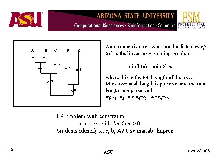 An ultrametric tree : what are the distances ei? Solve the linear programming problem