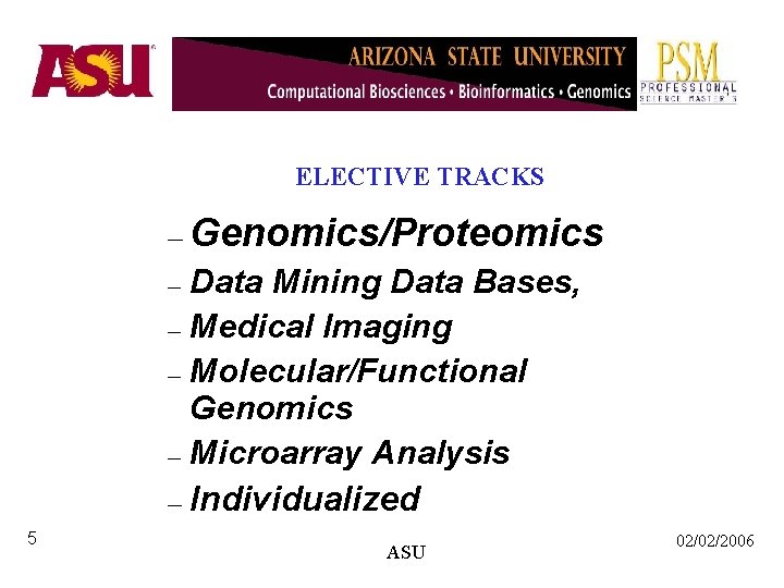 ELECTIVE TRACKS – Genomics/Proteomics 5 – Data Mining Data Bases, – Medical Imaging –