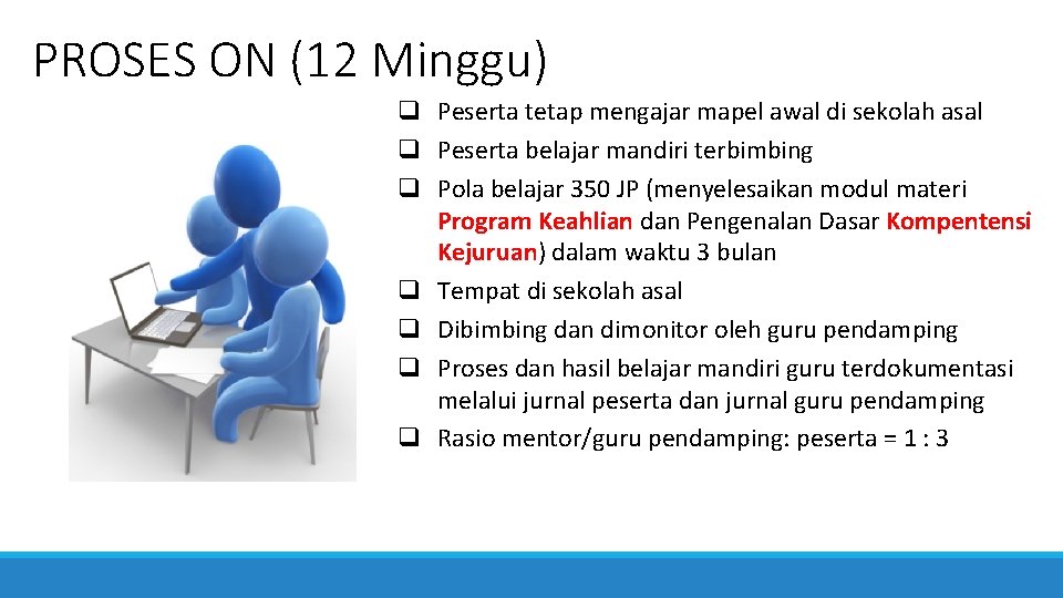 PROSES ON (12 Minggu) q Peserta tetap mengajar mapel awal di sekolah asal q