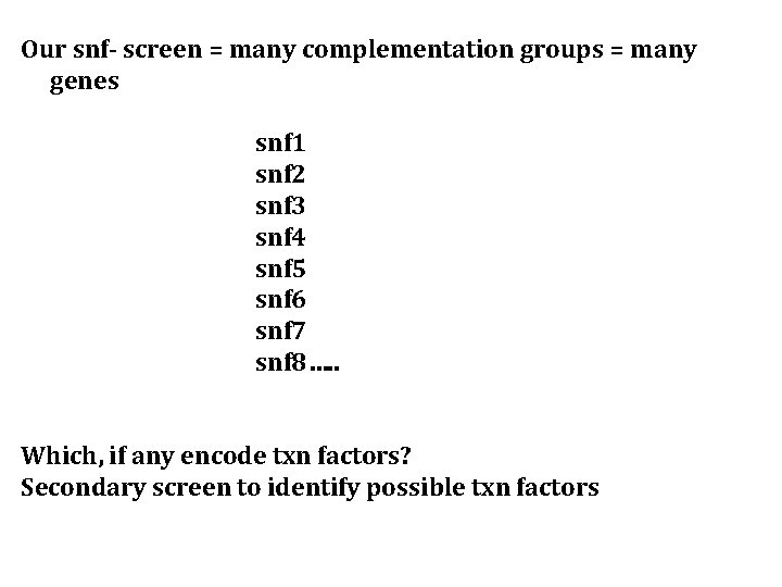 Our snf- screen = many complementation groups = many genes snf 1 snf 2