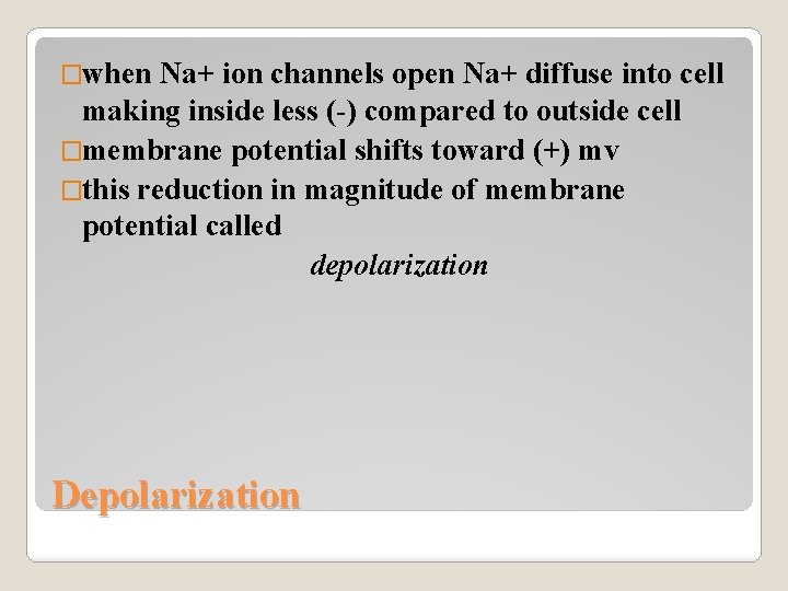 �when Na+ ion channels open Na+ diffuse into cell making inside less (-) compared