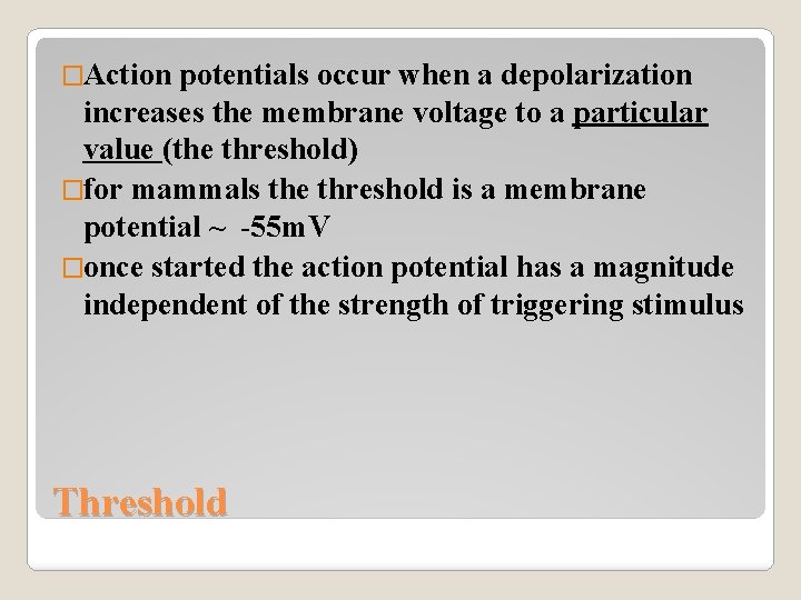 �Action potentials occur when a depolarization increases the membrane voltage to a particular value