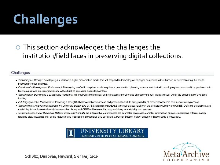 Challenges This section acknowledges the challenges the institution/field faces in preserving digital collections. Schultz,