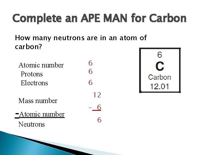 Complete an APE MAN for Carbon How many neutrons are in an atom of