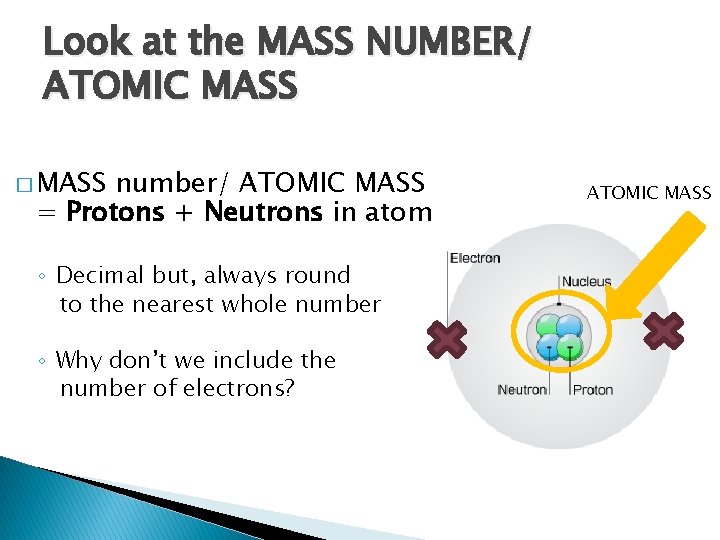 Look at the MASS NUMBER/ ATOMIC MASS � MASS number/ ATOMIC MASS = Protons