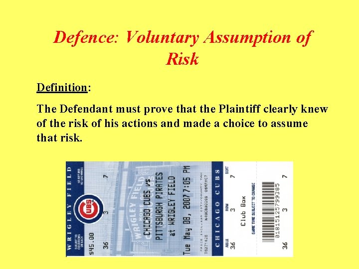 Defence: Voluntary Assumption of Risk Definition: The Defendant must prove that the Plaintiff clearly