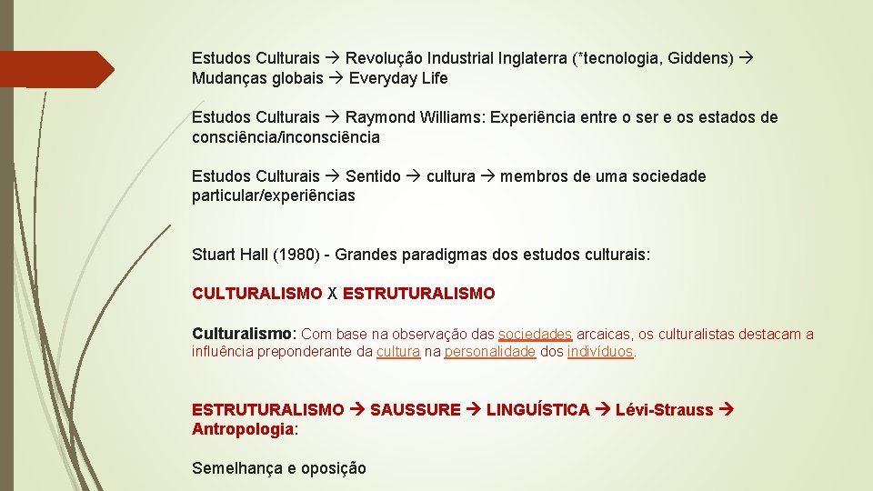 Estudos Culturais Revolução Industrial Inglaterra (*tecnologia, Giddens) Mudanças globais Everyday Life Estudos Culturais Raymond