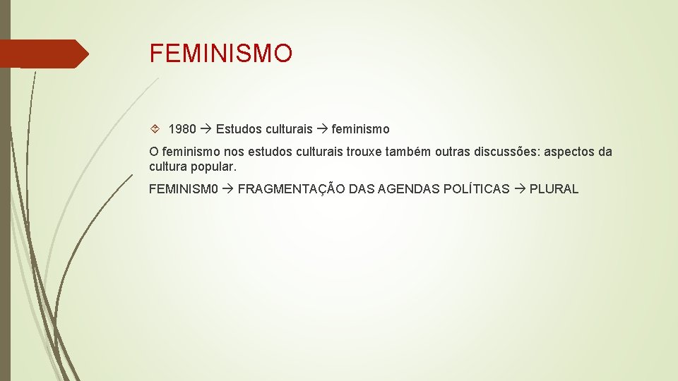 FEMINISMO 1980 Estudos culturais feminismo O feminismo nos estudos culturais trouxe também outras discussões: