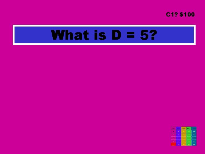 C 1? $100 What is D = 5? C 1? $100 What is D = 5?