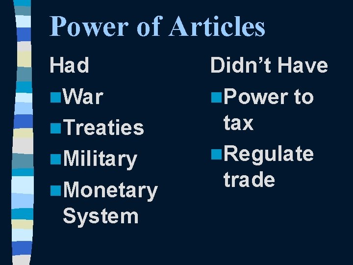 Power of Articles Had n. War n. Treaties n. Military n. Monetary System Didn’t