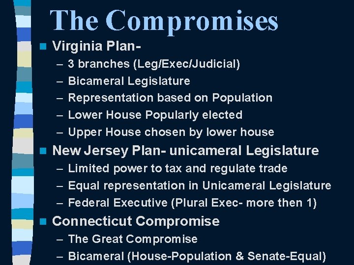 The Compromises n Virginia Plan– – – n 3 branches (Leg/Exec/Judicial) Bicameral Legislature Representation