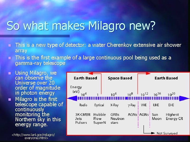 So what makes Milagro new? This is a new type of detector: a water