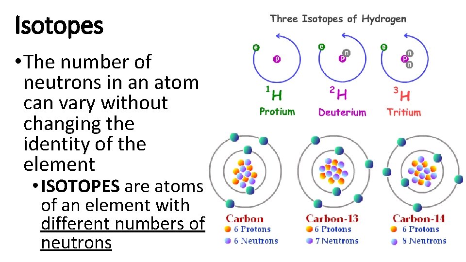 Isotopes • The number of neutrons in an atom can vary without changing the