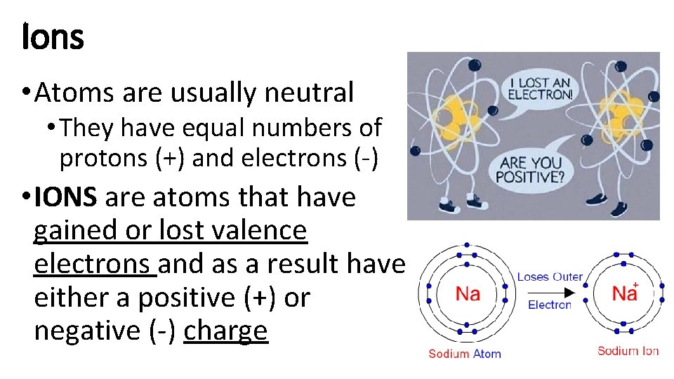 Ions • Atoms are usually neutral • They have equal numbers of protons (+)