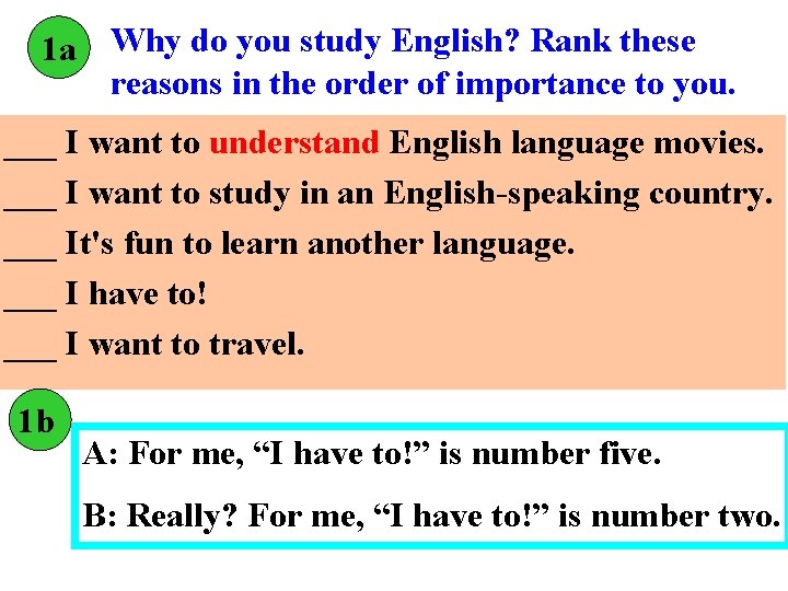 1 a Why do you study English? Rank these reasons in the order of