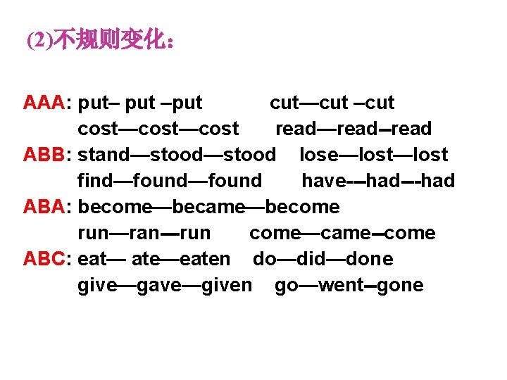 (2)不规则变化： AAA: put– put –put 　　cut—cut –cut cost—cost　 read—read--read ABB: stand—stood lose—lost find—found have---had