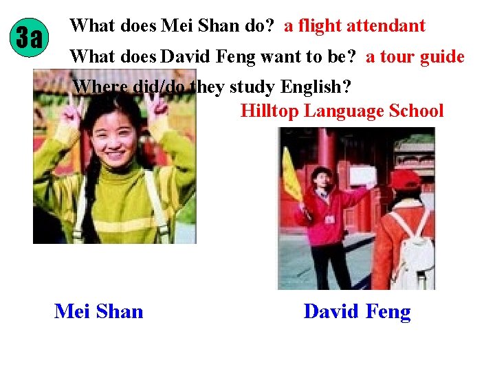 3 a What does Mei Shan do? a flight attendant What does David Feng