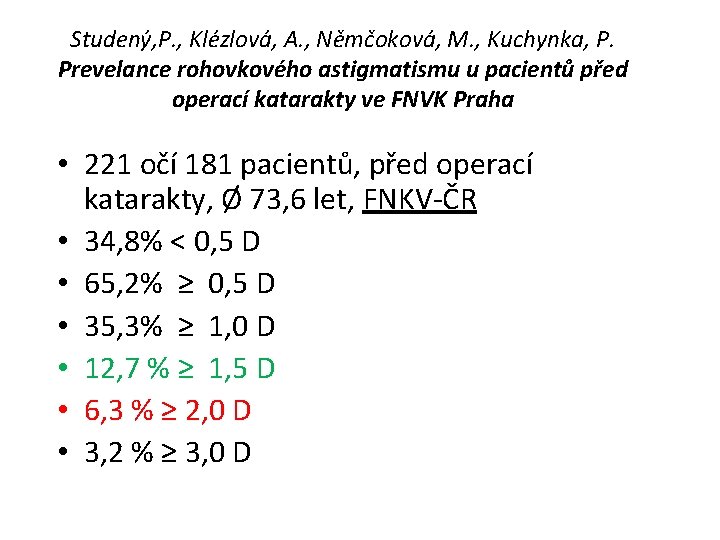 Studený, P. , Klézlová, A. , Němčoková, M. , Kuchynka, P. Prevelance rohovkového astigmatismu