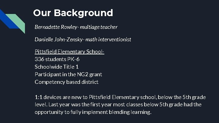 Our Background Bernadette Rowley- multiage teacher Danielle John-Zensky- math interventionist Pittsfield Elementary School 336