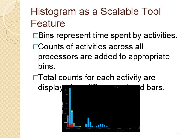 Histogram as a Scalable Tool Feature �Bins represent time spent by activities. �Counts of